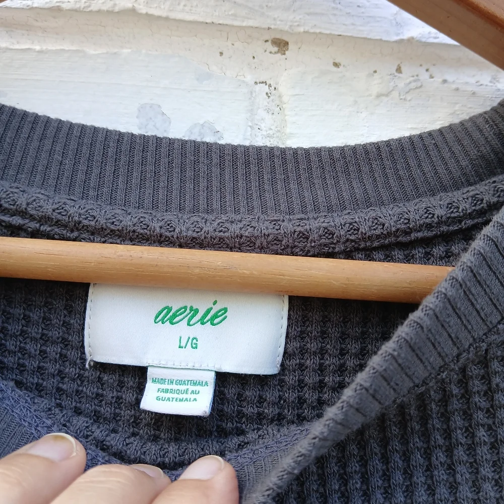 Aerie Charcoal Gray Waffle Pullover Crewneck - Picture 2 of 4